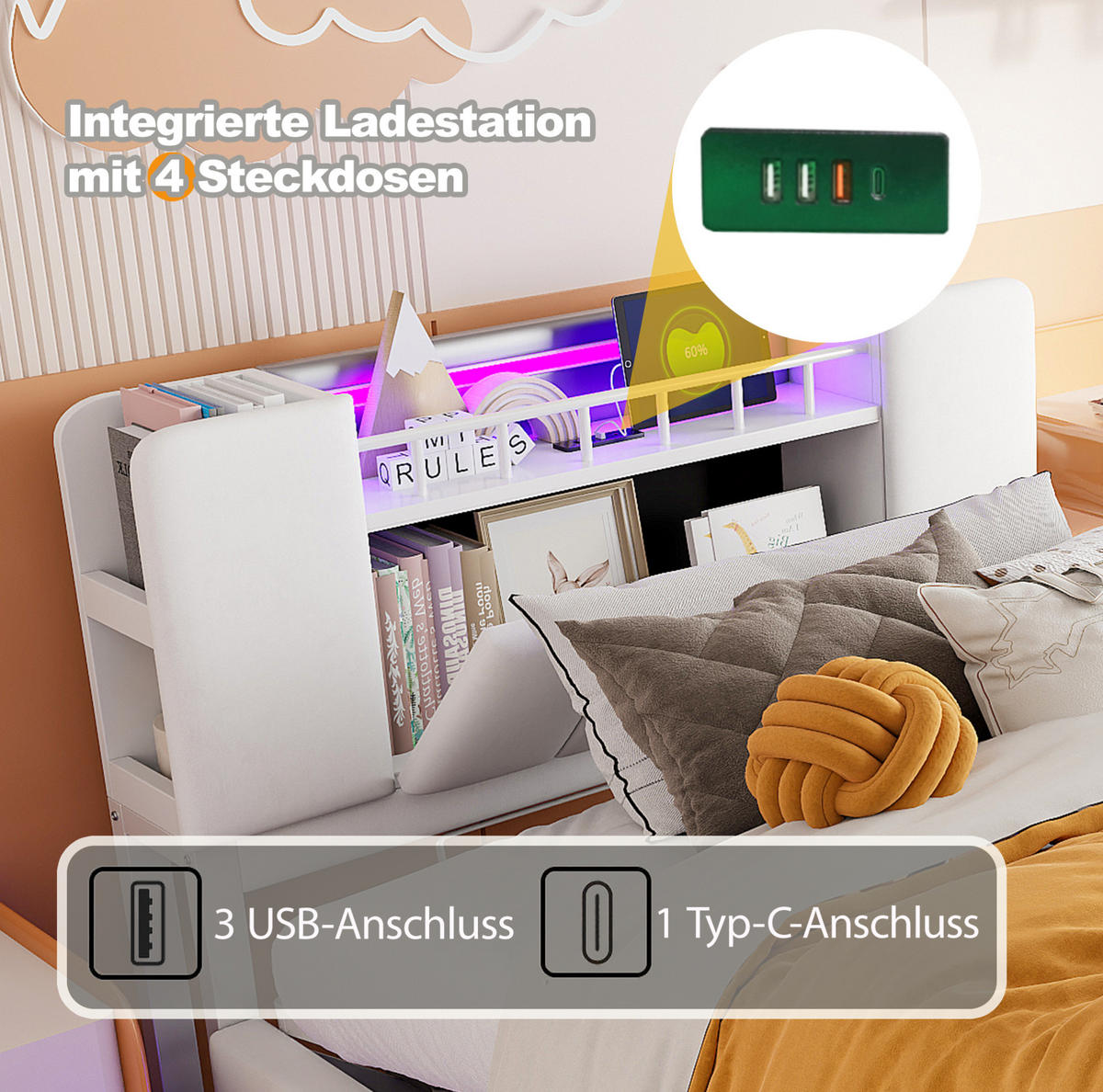 POLSTERBETT mit LED, USB und Stauraum 90x200 cm Beige - Beige, Metall (90/200cm) - Meubliv