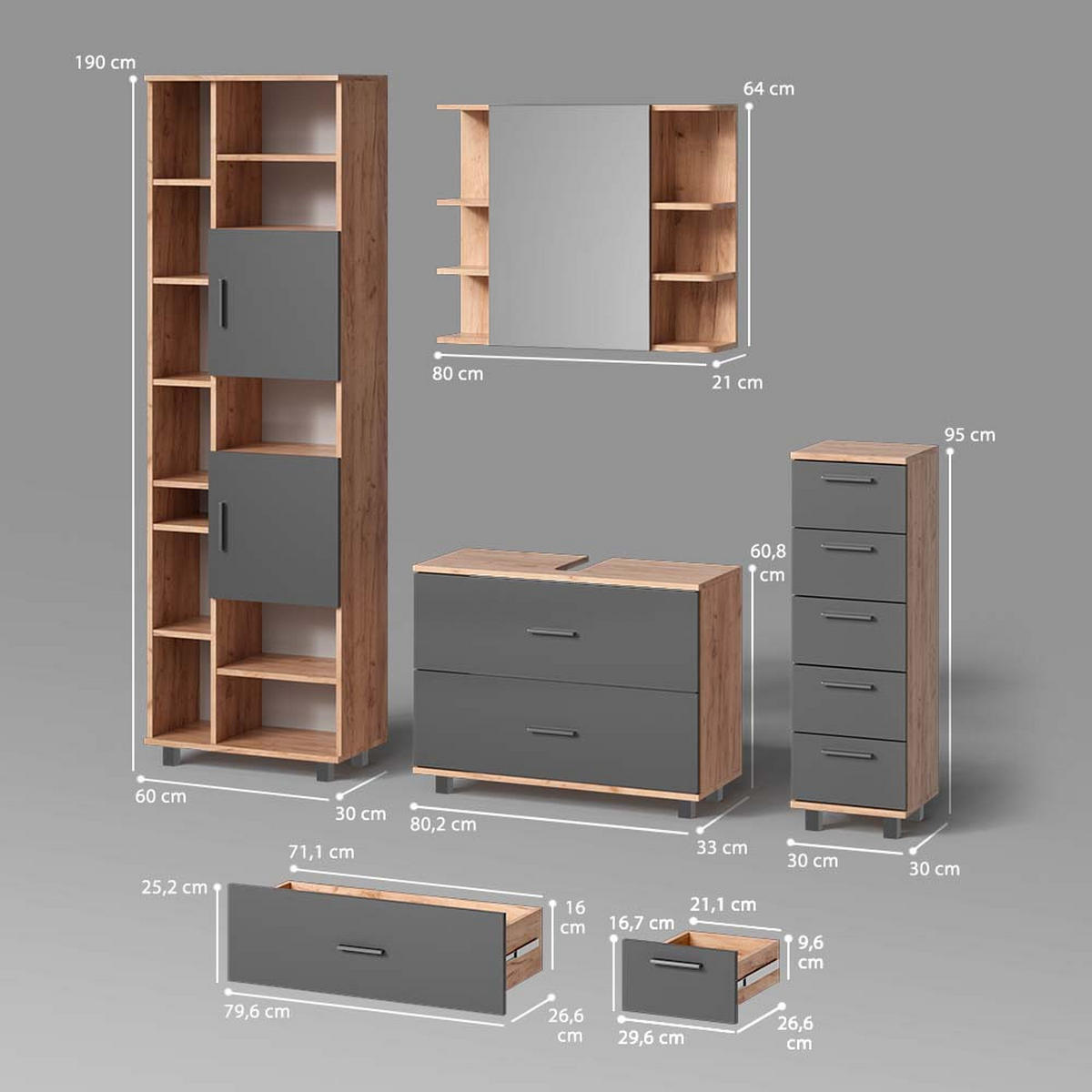 BADMÖBEL-SET Eisak Eiche 4 Teile, mit Hochschrank - Eichefarben/Anthrazit, Holzwerkstoff (80/60/33cm) - Livinity®