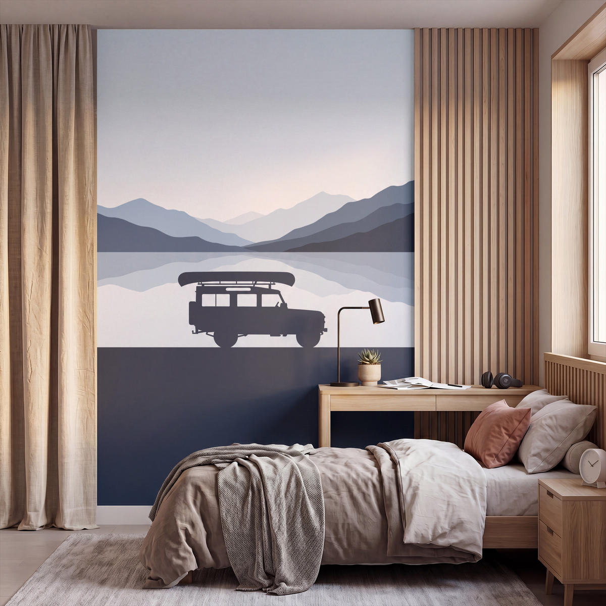 KINDERTAPETE - Auto - See - Berge - Blau - 180x260 cm - Blaugrau, Papier (180/260cm) - OnlyWow