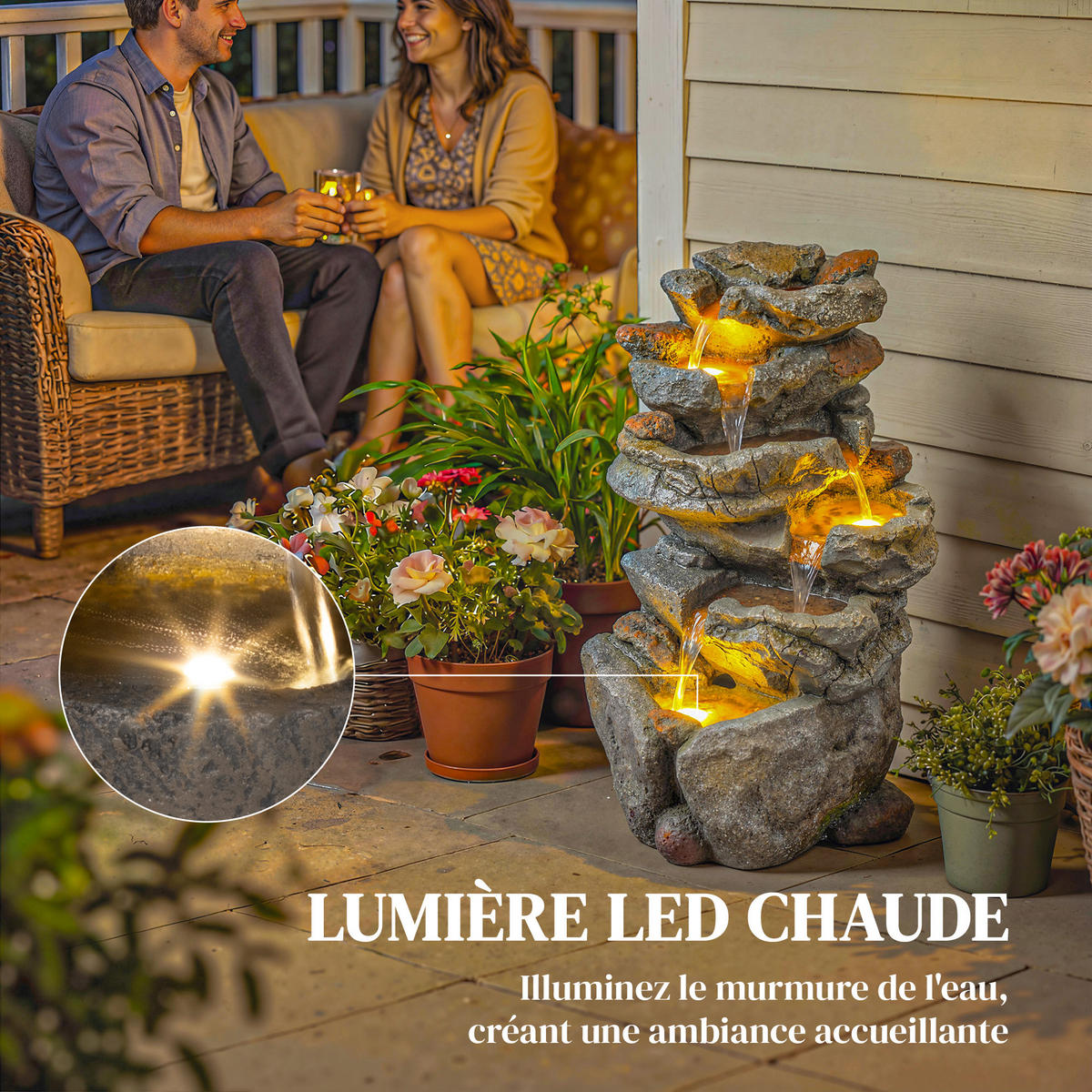 GARTENBRUNNEN DE-18870 6-stufige Kaskade mit LED Grau - Grau, Kunststoff (33/27/53cm) - ComfortXL