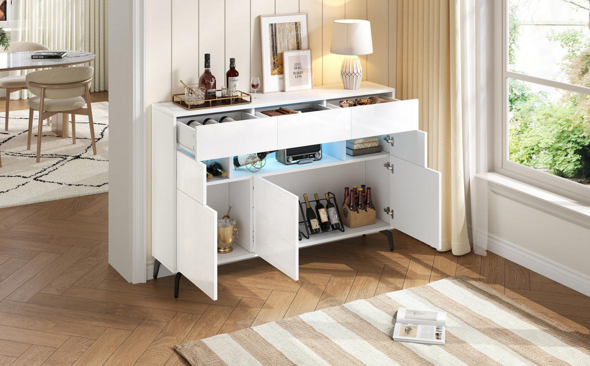 SIDEBOARD 140/30/94 cm mit 3 Schubladen, LED-Beleuchtung und Hochglanzfront - Weiß, Holzwerkstoff (140/94/30cm) - BEAOK
