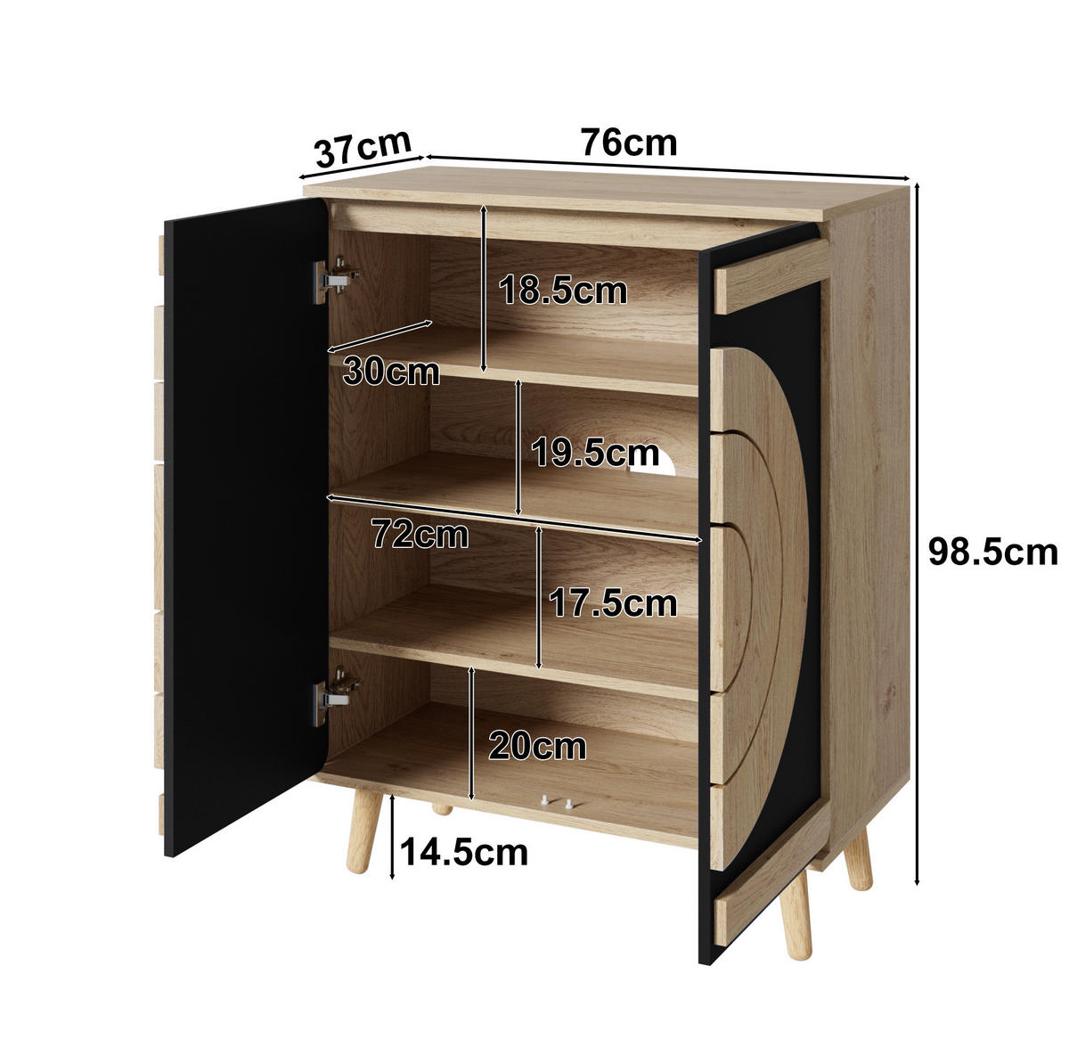 SCHUHSCHRANK 76/37/98,5 cm in Schwarz/Natur mit Türen und Holzbeinen - Schwarz, Holzwerkstoff (76/98.5/37cm) - BEAOK