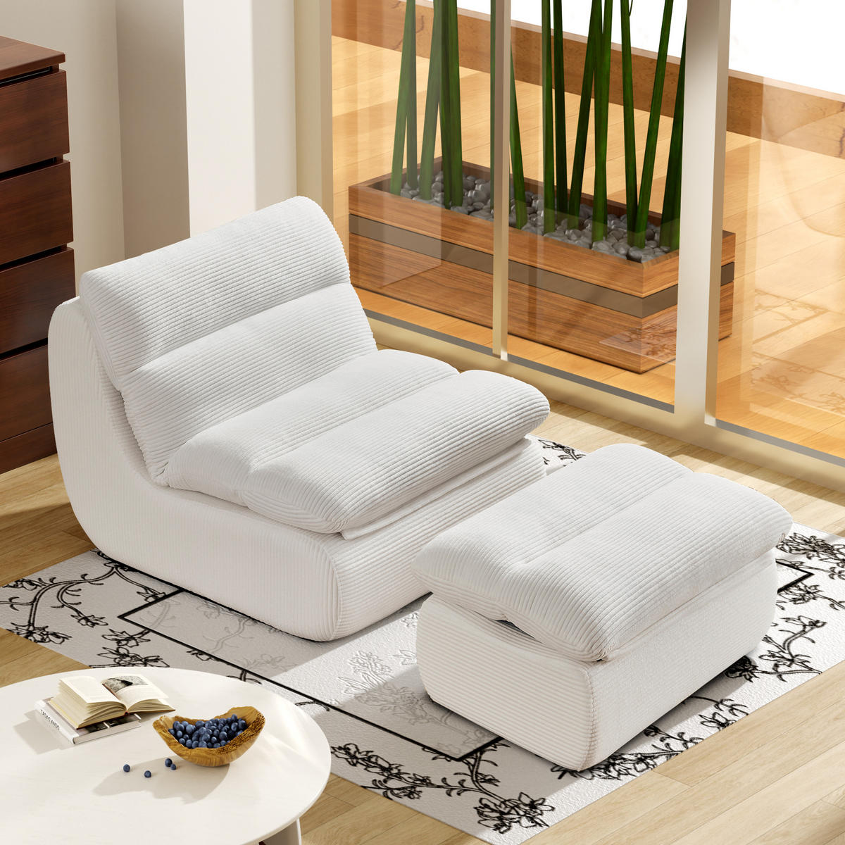 SOFA 101/81/75 cm mit Fußhocker, abnehmbarer Rücken- und Sitzpolsterung aus Cord, Beige - Beige, Textil (81/75/101cm) - Redom