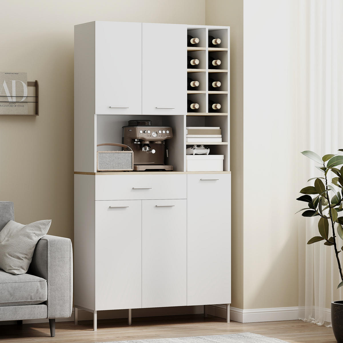 KÜCHENSCHRANK mit offenen Regalen, Fächern, Weinregal, 5 Schranktüren, MDF, Weiß - Silberfarben/Weiß, Holzwerkstoff/Metall (35/183/90cm) - HOMCOM