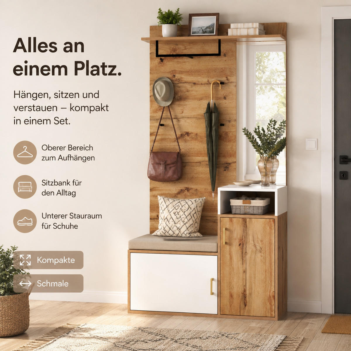 GARDEROBENSET 105/40/190,5 cm aus MDF und Spanplatte mit Spiegel und Sitzbank Weiß/Holzfarben - Weiß, Holzwerkstoff (105/190.5/40cm) - Modenvie