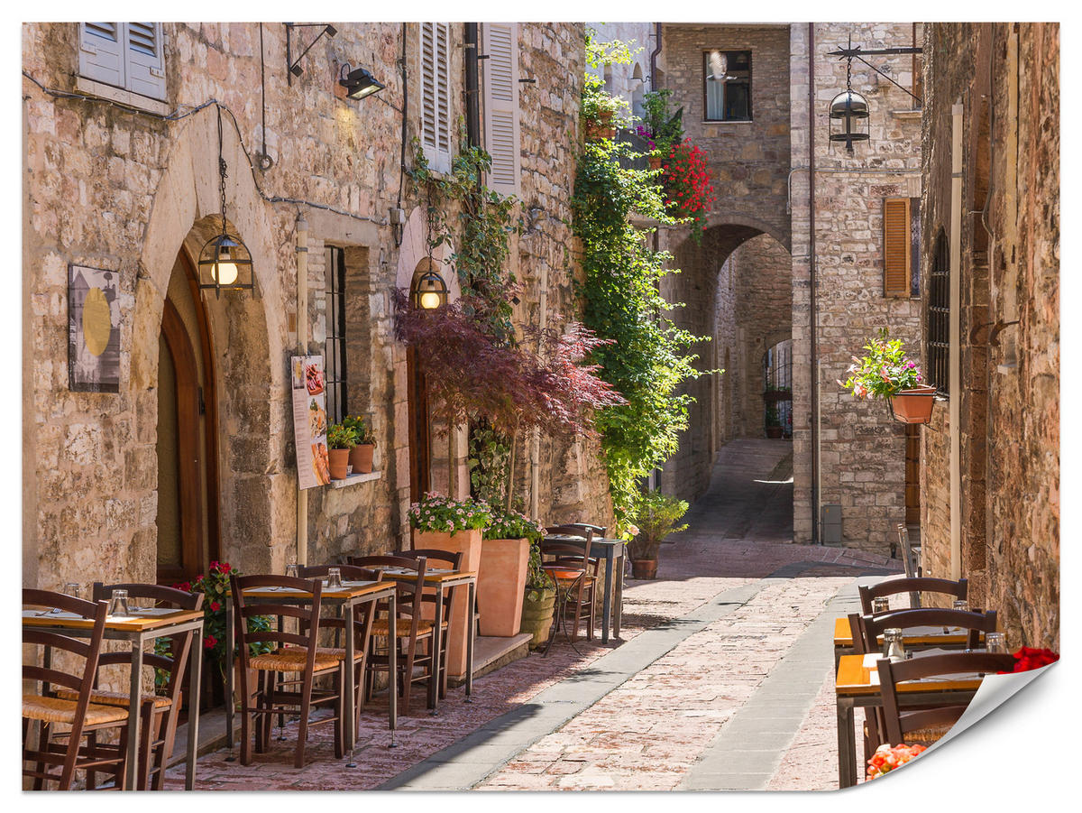 FOTOTAPETA Pre Obývaciu Izbu Talianska Kamenná Ulica S Reštauráciou Rustikálna 500 x 350 cm - oranžová/hnedá, papier (500/350cm) - Muralo