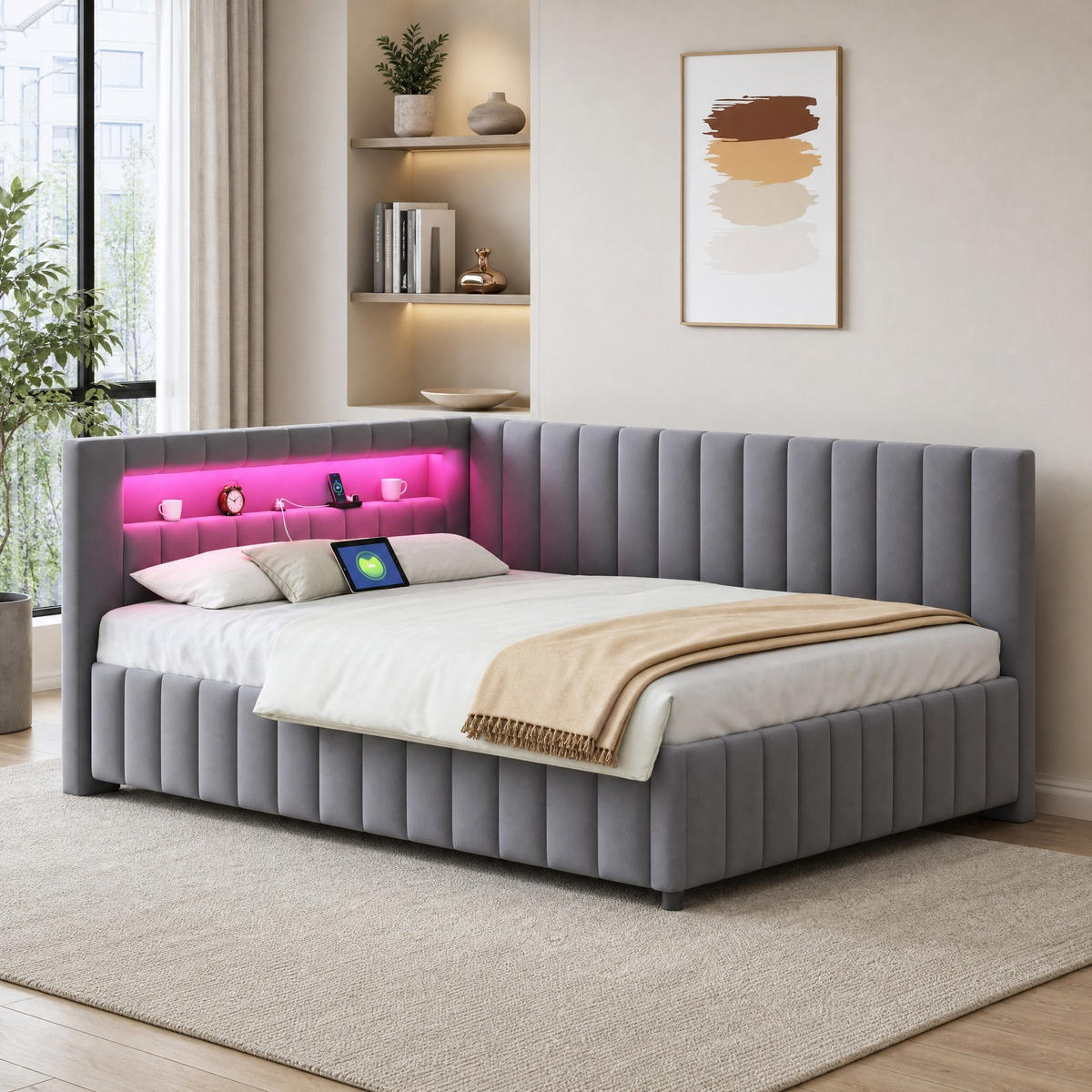 POLSTERBETT 140/200 mit LED, USB-Anschluss und Rückenlehne in Grau - Grau, Holzwerkstoff/Textil (140/200cm) - EVRYAE