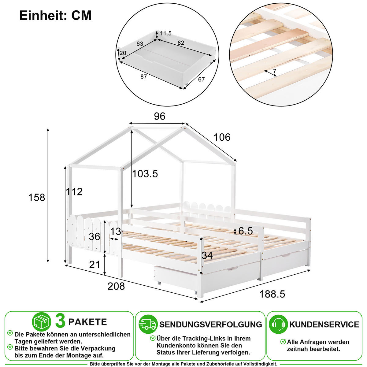 HAUSBETT 90/200 cm & 90/200 cm in Weiß mit 2 Schubladen und Zaun - Weiß, Holz/Holzwerkstoff (90/200cm) - CHICFURN
