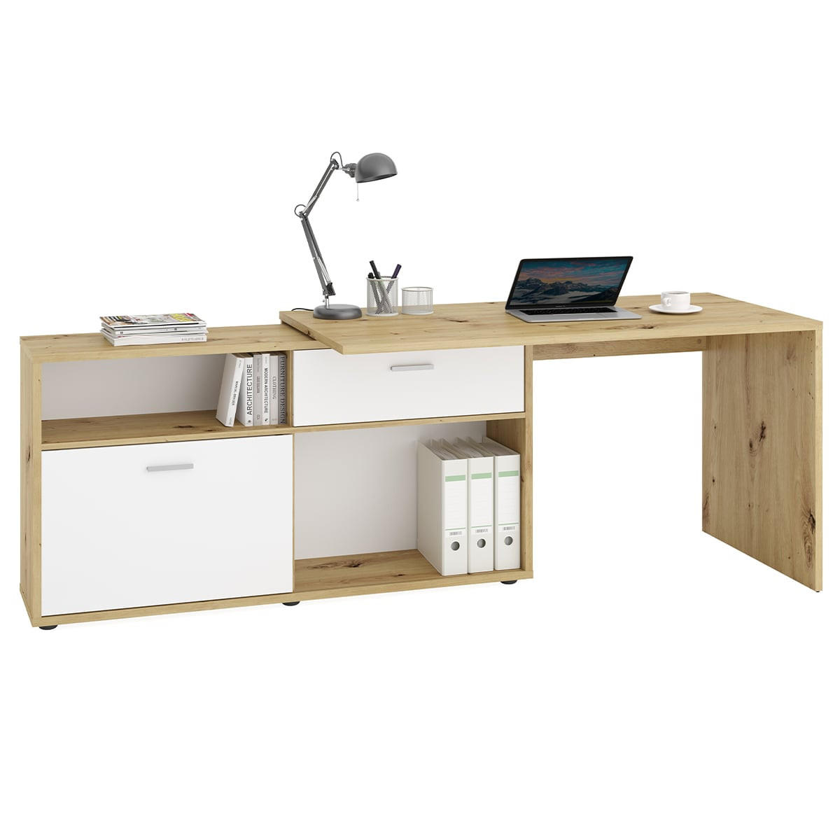 ECKSCHREIBTISCH mit niedrigem Stauraum, umwandelbar, L138cm - Diego - Eiche Artisan, Holzwerkstoff (39.5/138/75cm) - Calicosy