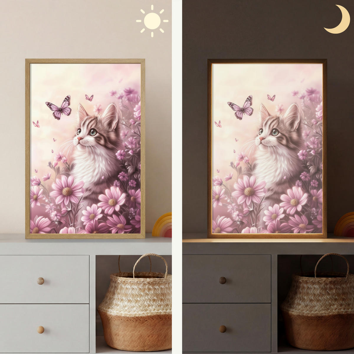 NÁSTĚNNÁ LAMPA S AKUMULÁTOREM Koťátko - Květiny - Motýli - Fialová 40x60 cm - starorůžová, kompozitní dřevo (40/60/8cm) - OnlyWow