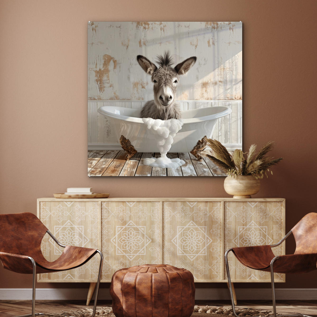 ACRYLGLASBILD Esel - Tiere - Badewanne - Schaumstoff 90x90 cm - Weiß, Glas (90/90cm) - MuchoWow