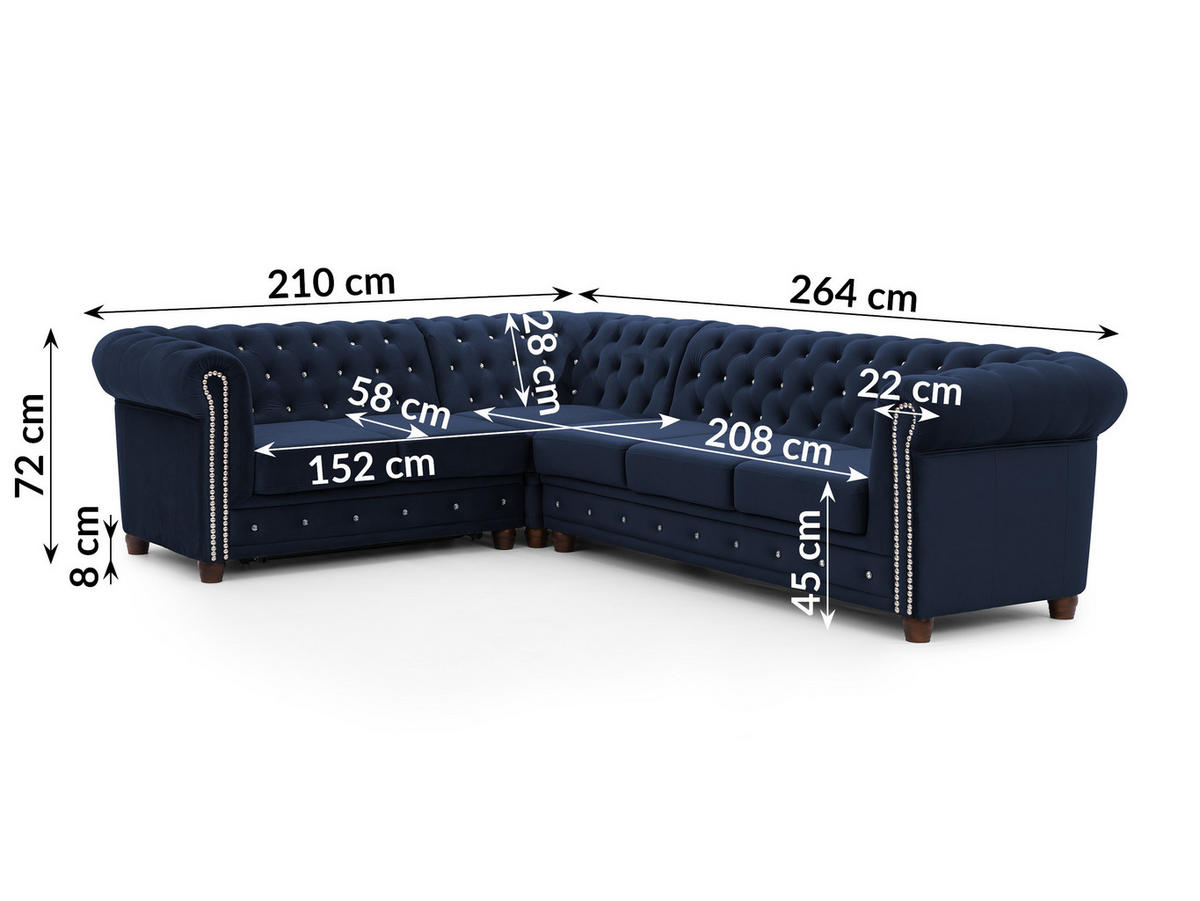 ECKSOFA mit Schlaffunktion Chesterfield Marineblau Samt mit Kristallsteppung und braunen Massivholzfüßen - Ottomane Links - Blau/Braun, Holz/Textil (264/210cm) - S-Style Möbel