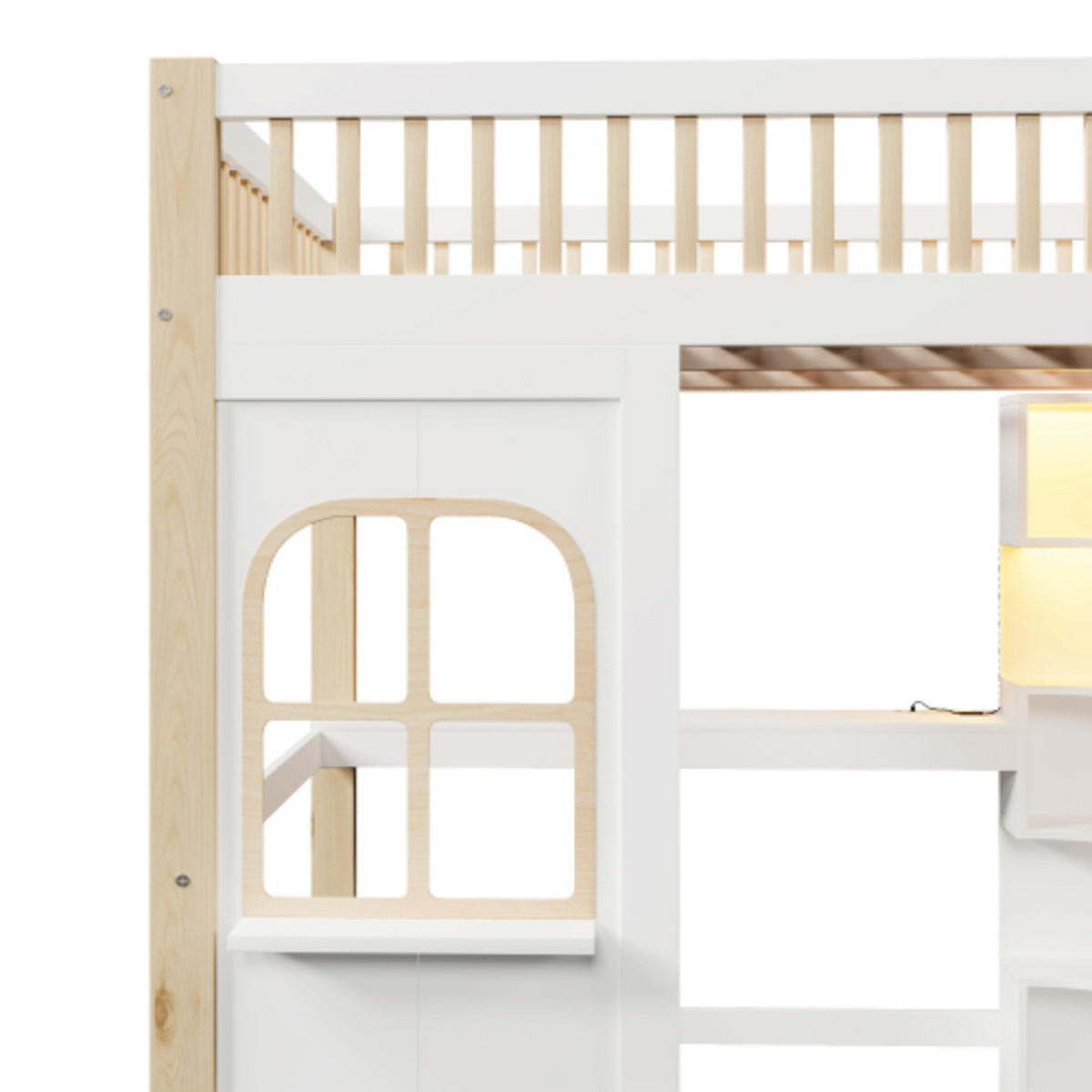 HOCHBETT 140 × 200 cm aus Kiefernholz mit Spielhaus-Unterbau, LED-Leiste und Stauraumleiter, weiß-natur - Weiß, Holz - Luhomfu