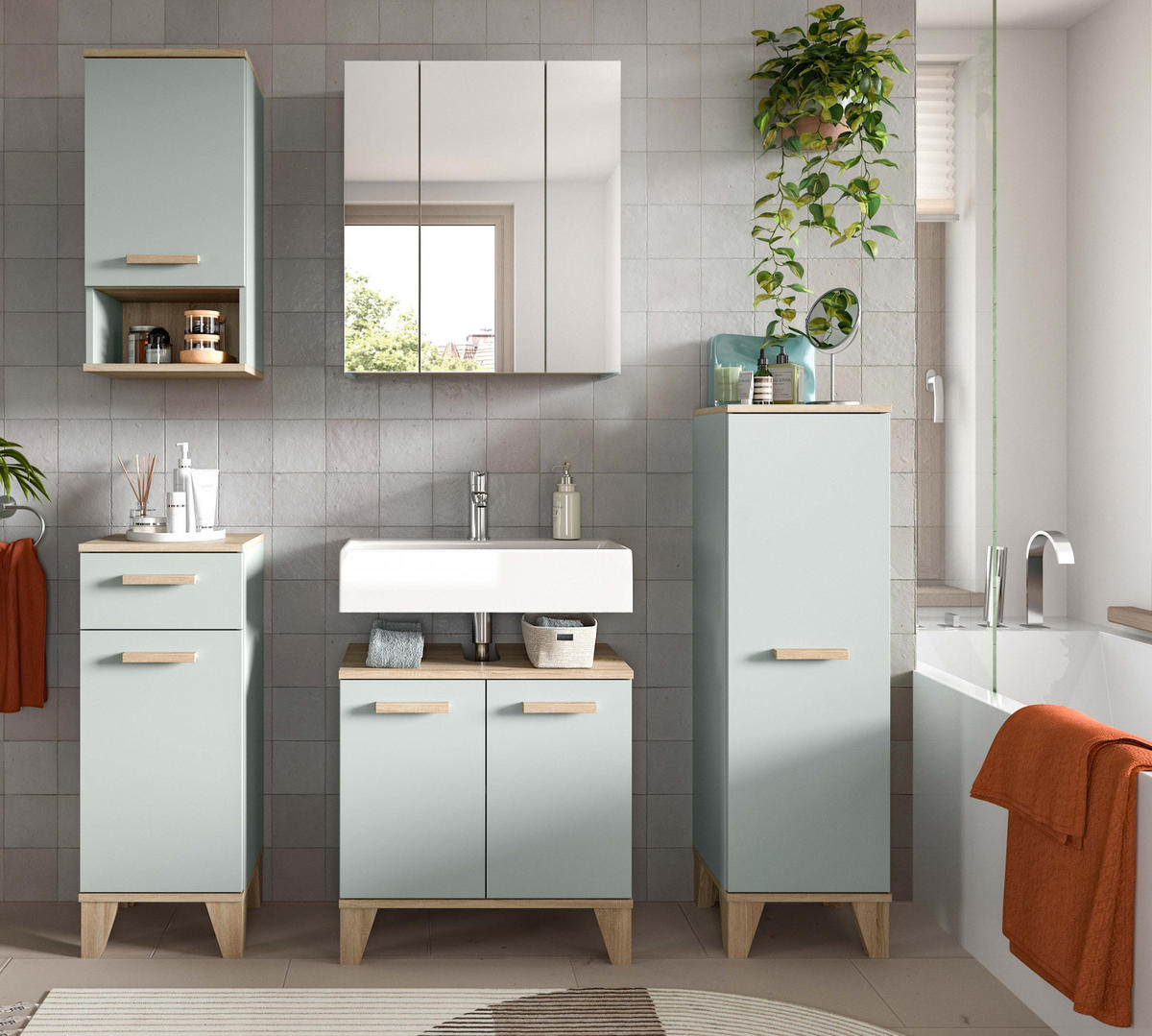 BADMÖBEL-SET 5-teilig grün, Eiche 158 x 190 cm, Komplettset mit viel Stauraum - Eichefarben/Grün, Glas/Holzwerkstoff (158/190/34cm) - Inn.Furn