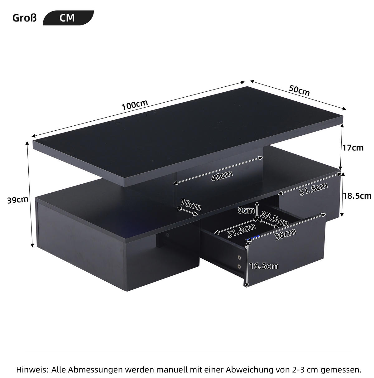 COUCHTISCH aus Spanplatte 100x50x39 cm Schwarz mit LED-Beleuchtung, Hochglanzfront, offenem Regal und 1 Schublade - Schwarz, Holzwerkstoff (100/50/39cm) - Modfu