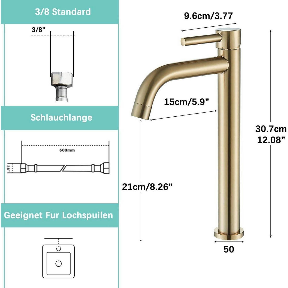 WASCHTISCHARMATUR mit hohem Auslauf Messing Gold Einhebelmischer - Goldfarben, Metall (9.6/21/30.7cm)