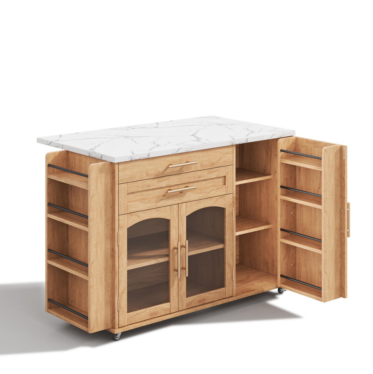 KÜCHENINSEL 138/70/90 cm mit klappbarer Arbeitsplatte, Glastüren und 5 Rollen aus MDF, Natur - Naturfarben, Holzwerkstoff (138/90/70cm) - Redom