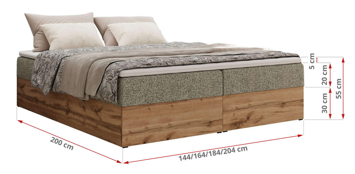 BOXBETT WOOD ZERO 200/200 - Grau Struktur - H4 - Topper Visco - Grau, Textil (200/200cm) - MKS