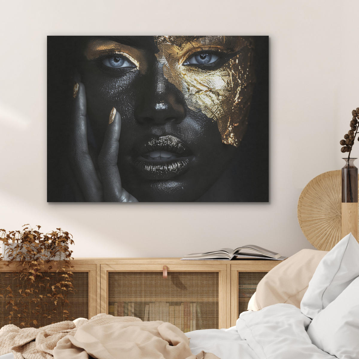 AKUSTIKPANEEL Frau - Gold - Porträt - Schwarz-Weiß - Luxus 80x60 cm - Hellblau, Textil (80/0.9/60cm) - MuchoWow