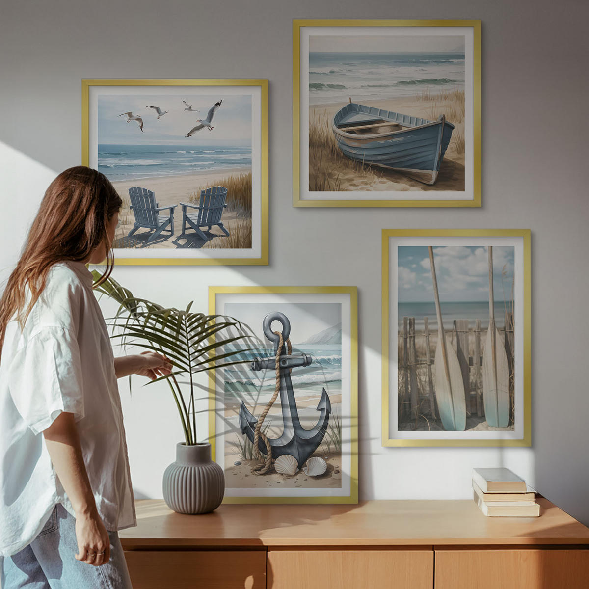 BILDER SET 4er Set - 50x50 cm & 40x60 cm Goldrahmen - Anker, Boot, Ruder, Strand - Goldfarben, Kunststoff (50/50cm) - TULUP