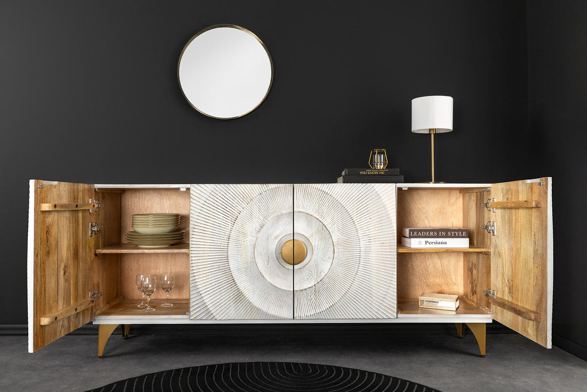 SIDEBOARD GOLDEN SUNSET Mango Weiß 180 cm - Goldfarben/Weiß, Holz/Metall (177/77/38cm) - riess-ambiente