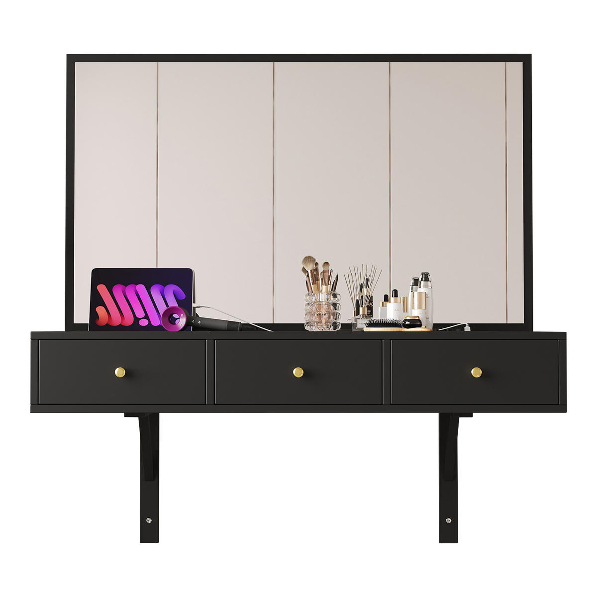 SCHMINKTISCH 100/105/45 cm schwarz mit 3 Schubladen und Steckdosen - Schwarz, Holzwerkstoff (100/105/45cm) - OKWISH