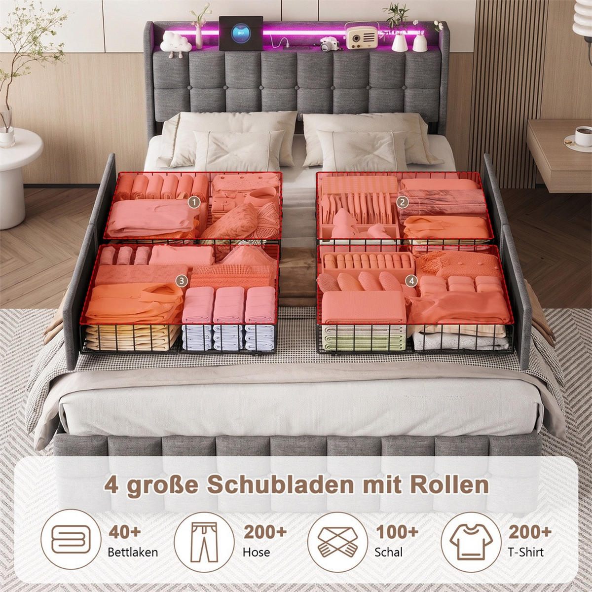 POLSTERBETT 160x200 cm Square Smart mit RGB-LED, EU-Steckdosen & USB-Ports, 4 Schubladen, Leinen-Optik, Dunkelgrau - Grau, Textil (160/200cm) - DELFA