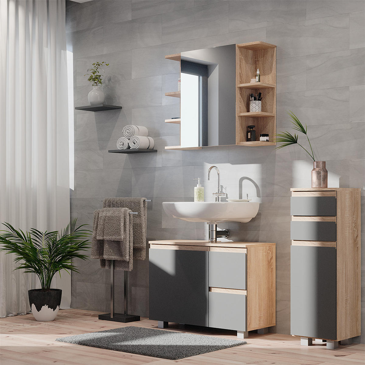 BADMÖBEL-SET J-Shape Sonoma 3 Teile, mit Midischrank - Anthrazit/Sonoma Eiche, Holzwerkstoff (80/60/33cm) - Vicco