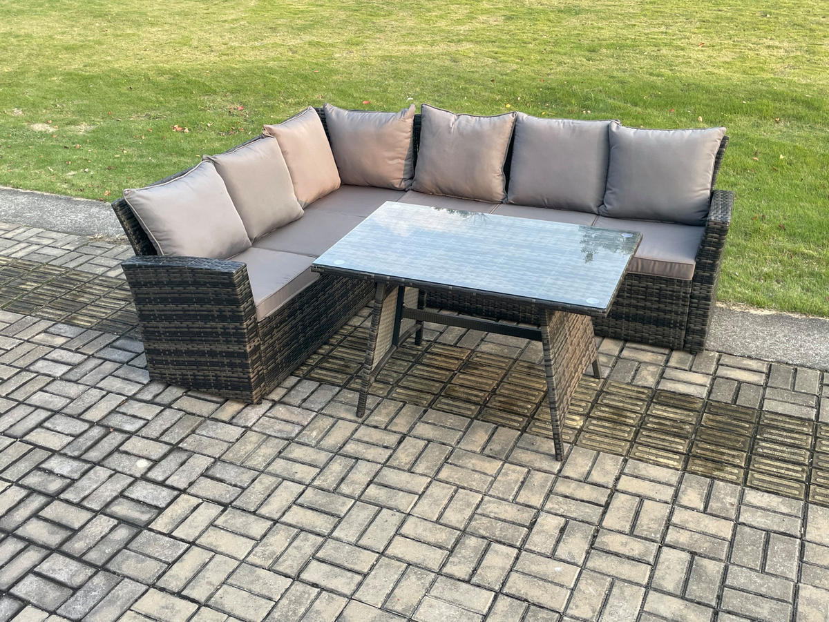 GARTENLOUNGE mit Ecksofa Polyrattan Dunkelgrau 6-Sitzer - Dunkelgrau/Grau, Glas/Kunststoff - Fimous