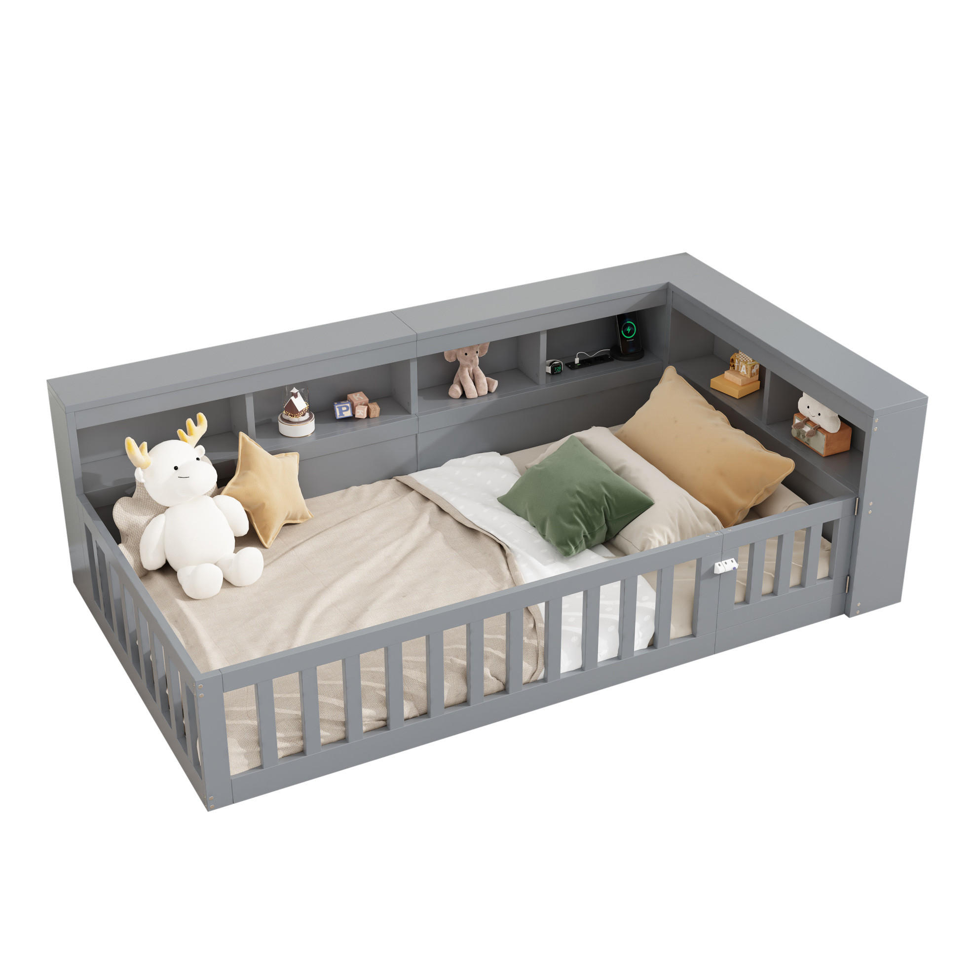 POLSTERBETT 90/200 cm Grau mit Stauraum, Lattenrost, Steckdose und USB - Grau, Holzwerkstoff (90/200cm) - Flora Grace