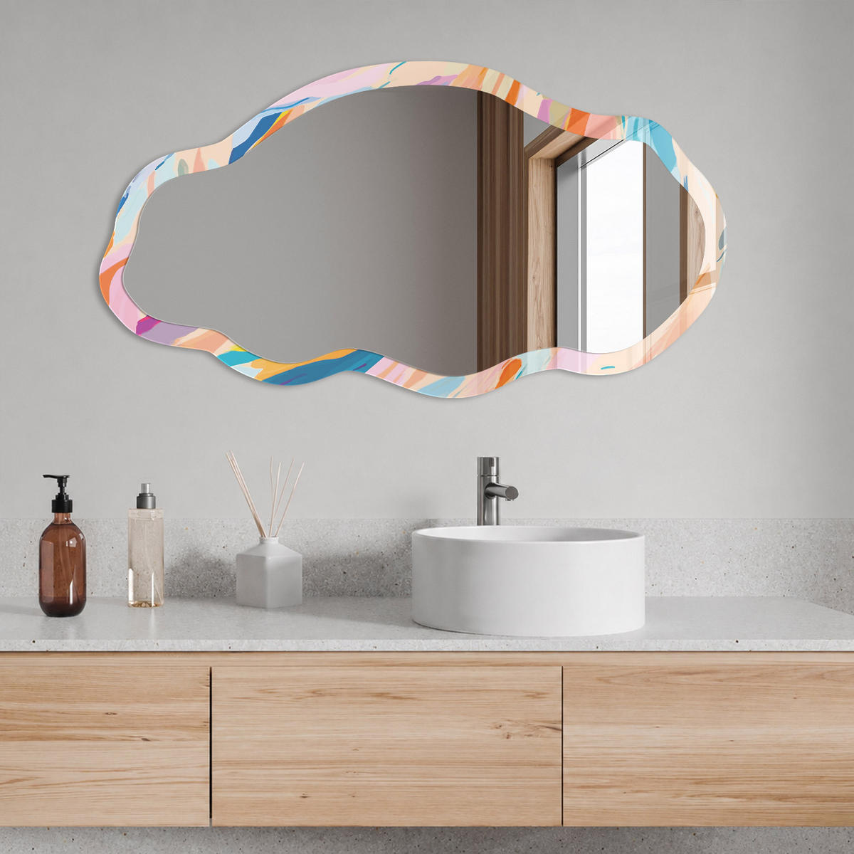 SPIEGEL 90x45 cm asymmetrisch mit Druck - Farbenfrohe Abstraktion - Transparent, Glas (45/90/0.4cm) - TULUP