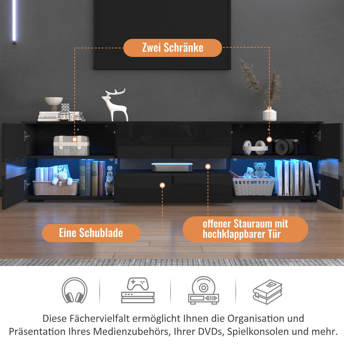 TV-LOWBOARD 160x39x45 cm Schwarz LED 2 Türen 1 Schublade - Schwarz, Holzwerkstoff (39/45/160cm) - FLIEKS