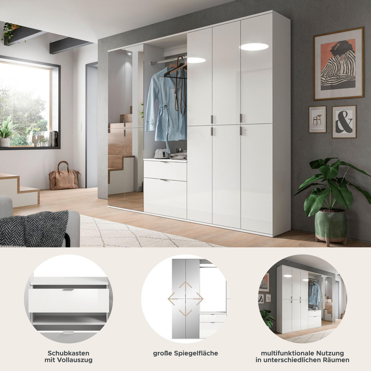 GARDEROBENKOMBINATION 5tlg. Projekt X Garderobe in weiß Nb. und weiß hochglanz B/H/T: 213x193x34 cm - Weiß, Holzwerkstoff (213/193/34cm)