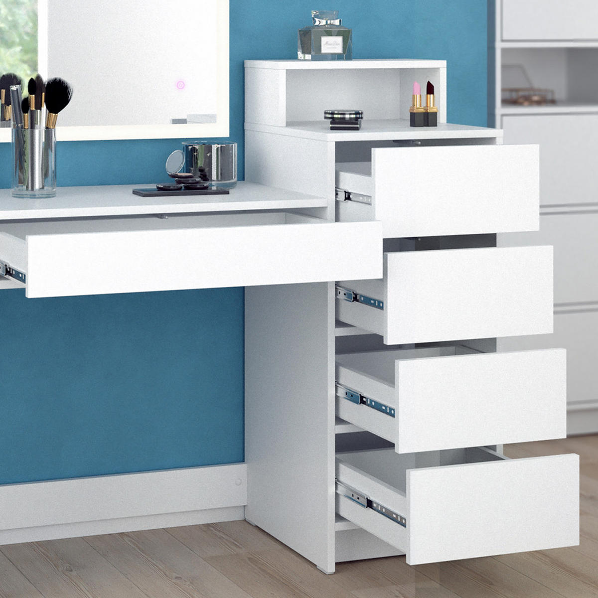 SCHMINKTISCH Naara Weiß 110.5 cm mit LED-Spiegel - Weiß, Holzwerkstoff (110.5/100.6/40.3cm) - Vicco