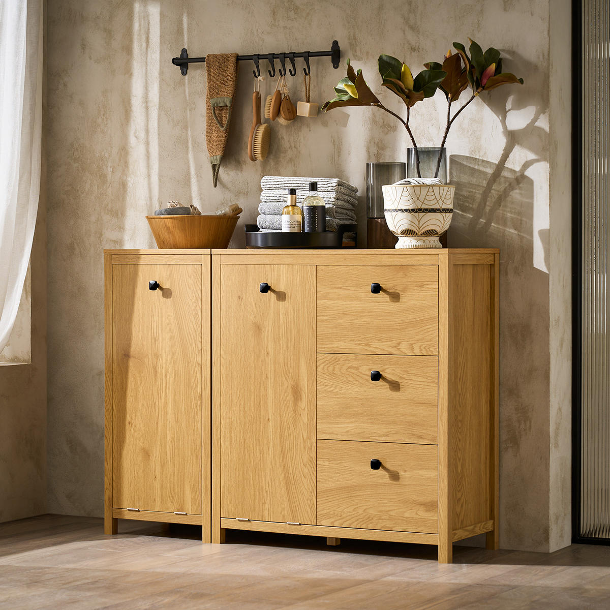 WÄSCHESCHRANK Dunkelnatur - Naturfarben, Holzwerkstoff (80/90/35cm) - SoBuy