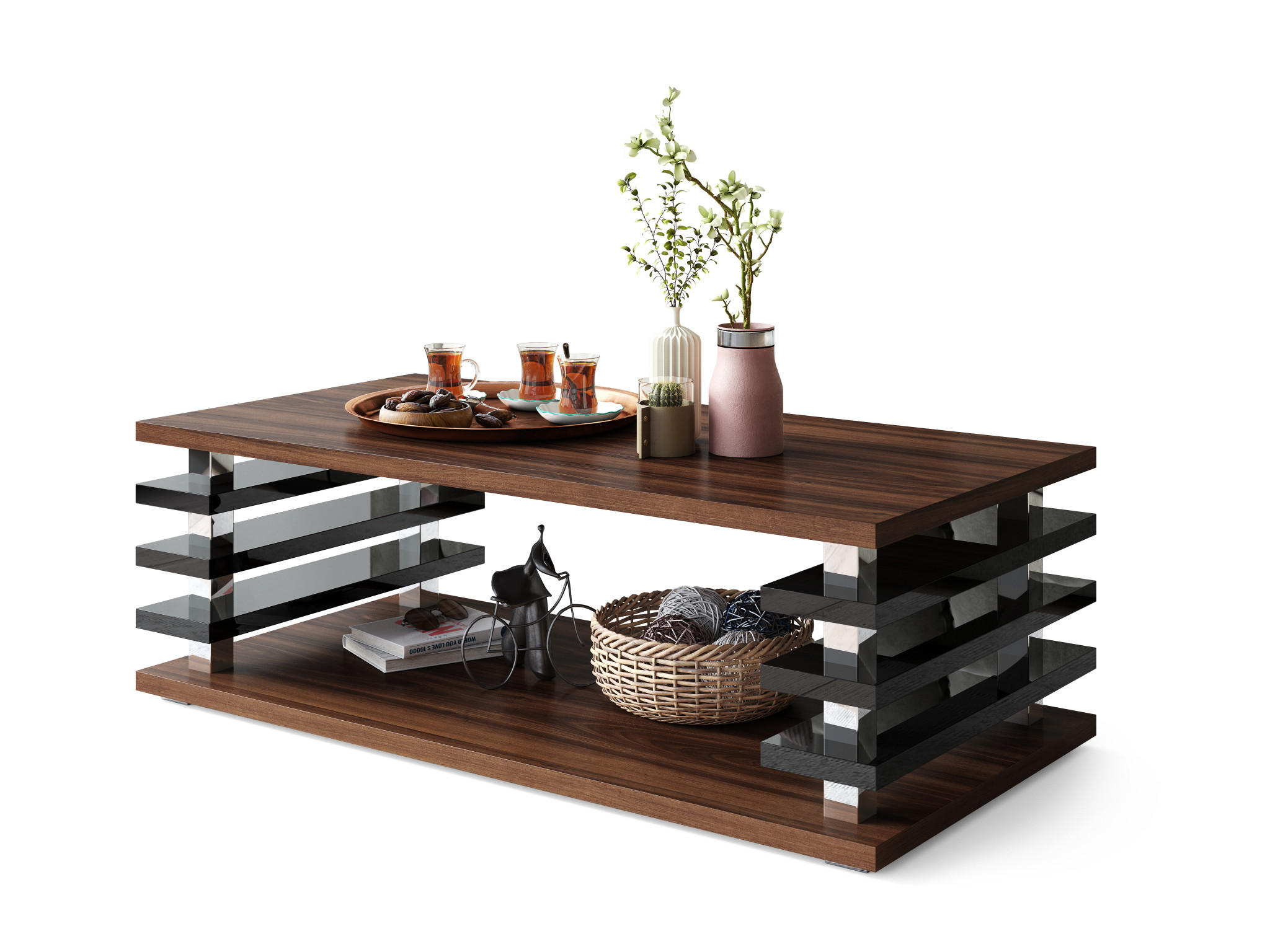 designimpex Couchtisch Nussbaum, Schwarz Hochglanz 120x40x60 cm