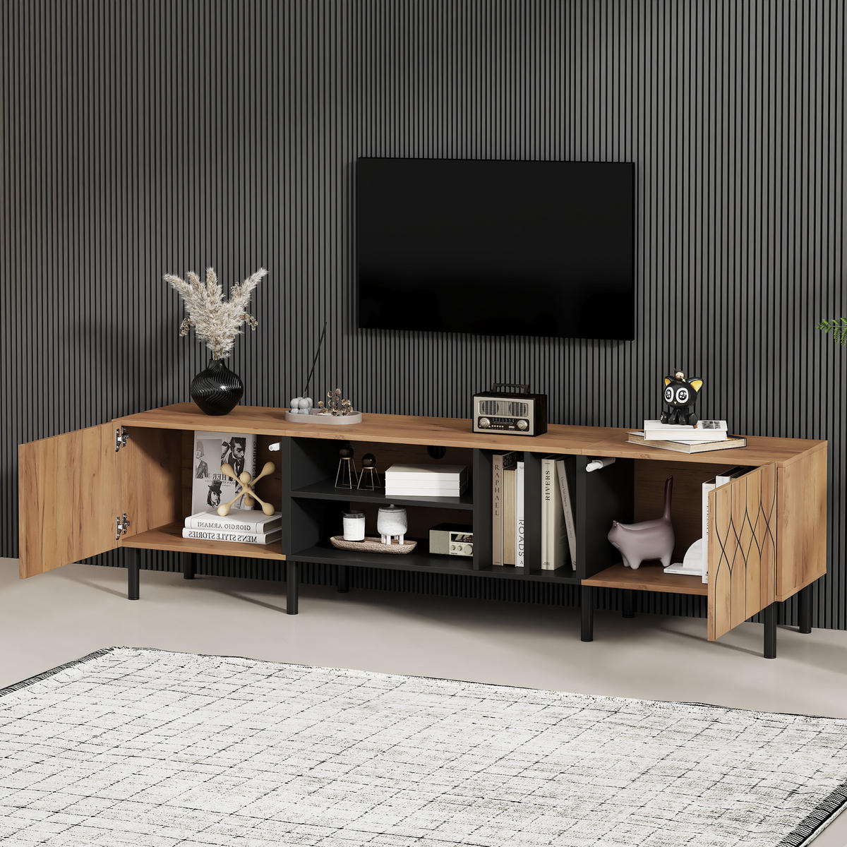 TV-SCHRANK 180/40/50 cm Naturholz/Schwarz mit 2 Türen und 4 Fächern - Schwarz, Holzwerkstoff (180/50/40cm) - Oxeza