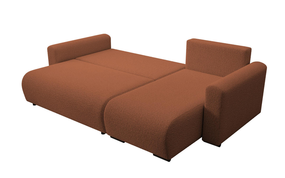 ECKSOFA DORA L, Eckcouch in L-Form mit Schlaffunktion und Bettkasten, Farbe: Orange, Bouclé-Stoff, Ottomane Rechts - Orange, Textil (240/143cm) - Storez24