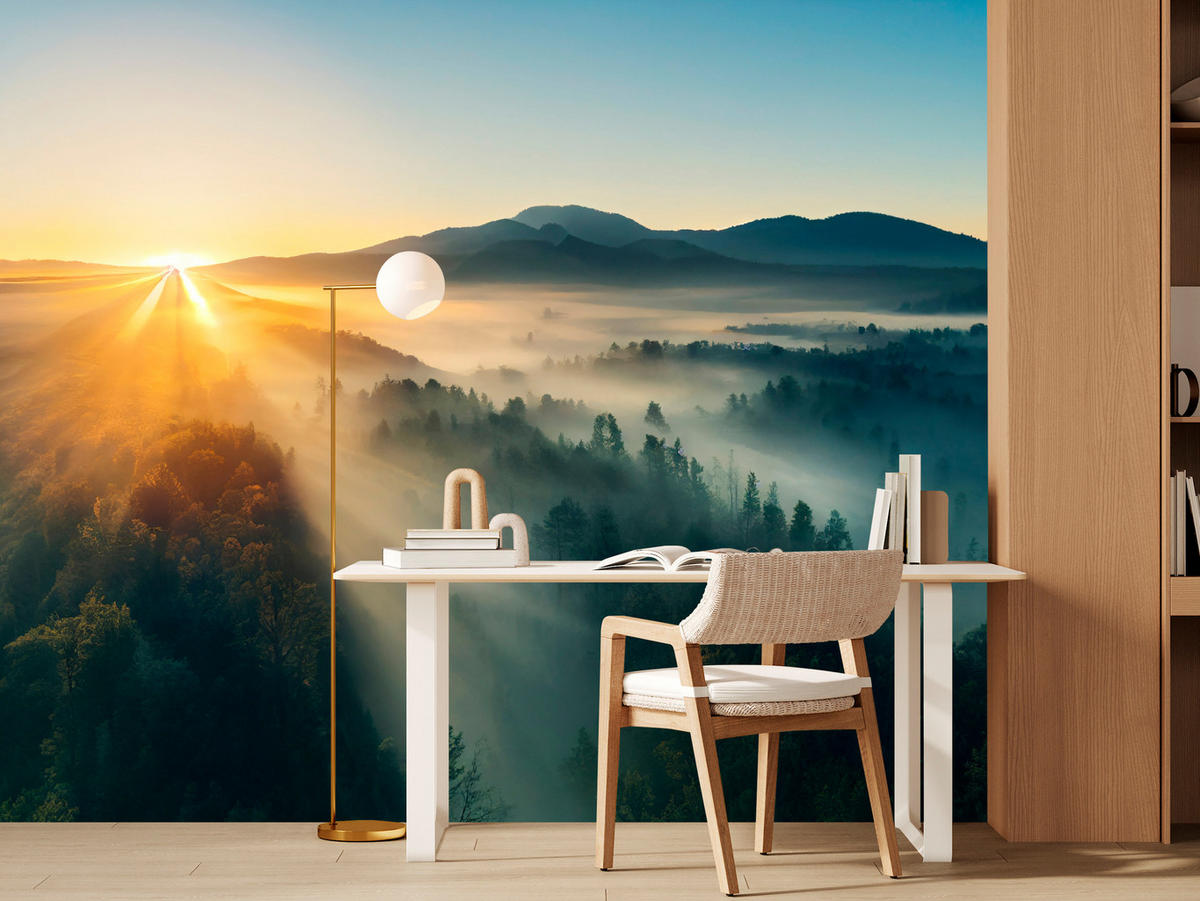 FOTOTAPETA Pre Obývaciu Izbu Východ Slnka Nad Hornatým Ihličnatým Lesom Zlato 500 x 350 cm - hnedá/žltá, papier (500/350cm) - Muralo