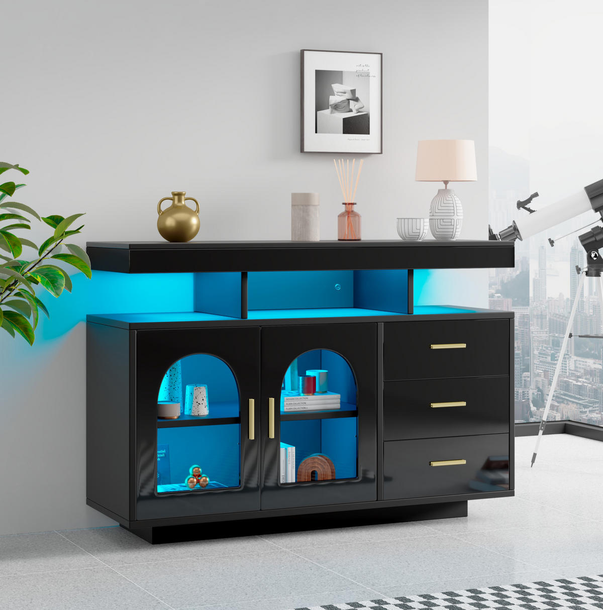 SIDEBOARD 120/40/80 cm Schwarz aus Spanplatte mit LED-Beleuchtung - Schwarz, Holzwerkstoff (40/80/120cm) - OKMYHOME