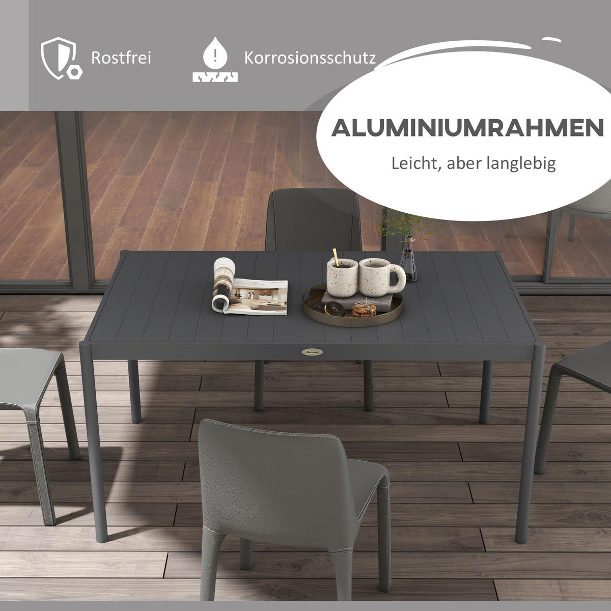 GARTENTISCH, Dunkelgrau, Aluminium - Dunkelgrau, Metall (145/90/74cm) - Outsunny