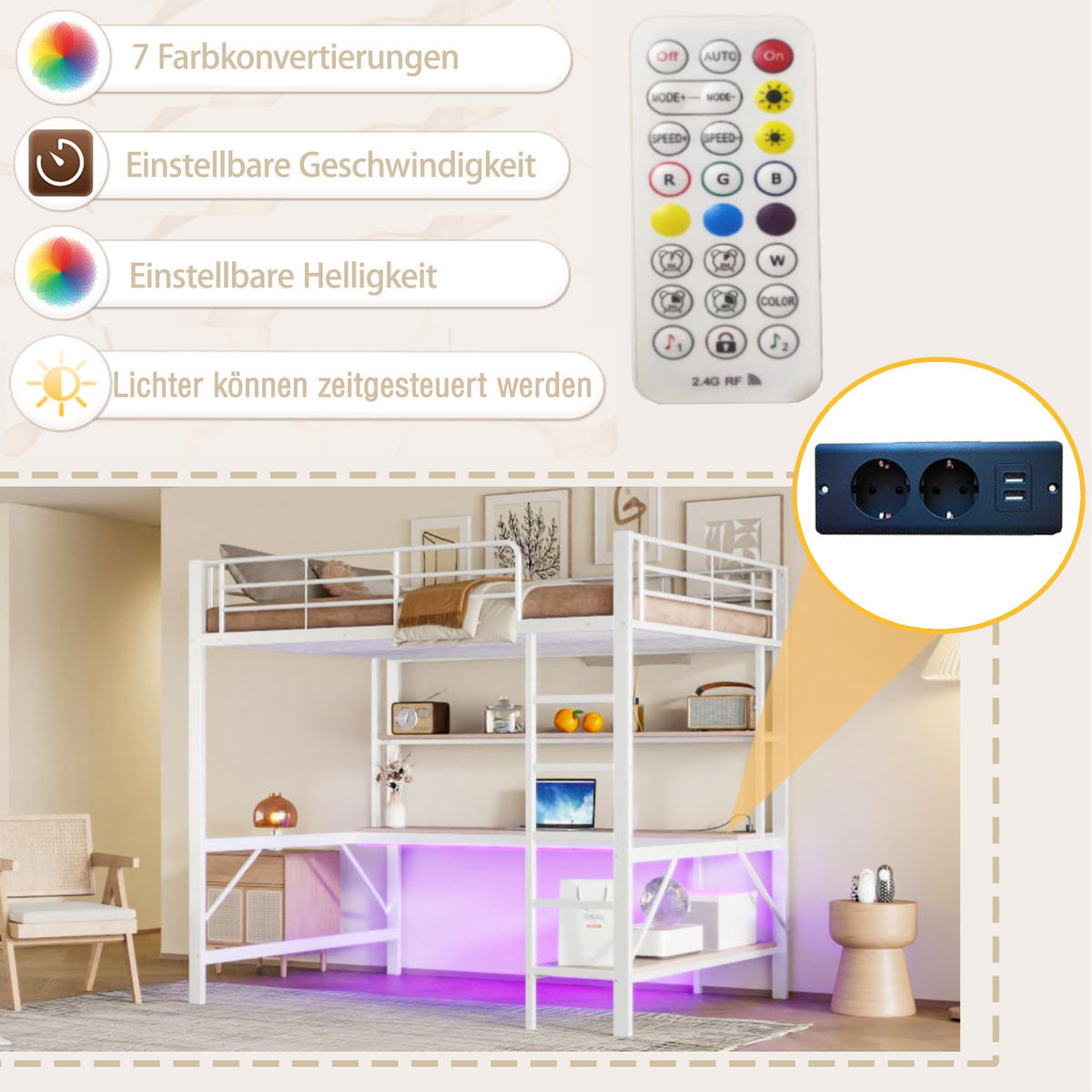 HOCHBETT 140/200 cm mit Geländer und Trittleiter mit USB-Anschluss und LED-Beleuchtung, Weiß - Weiß, Metall (140/200cm) - OKWISH