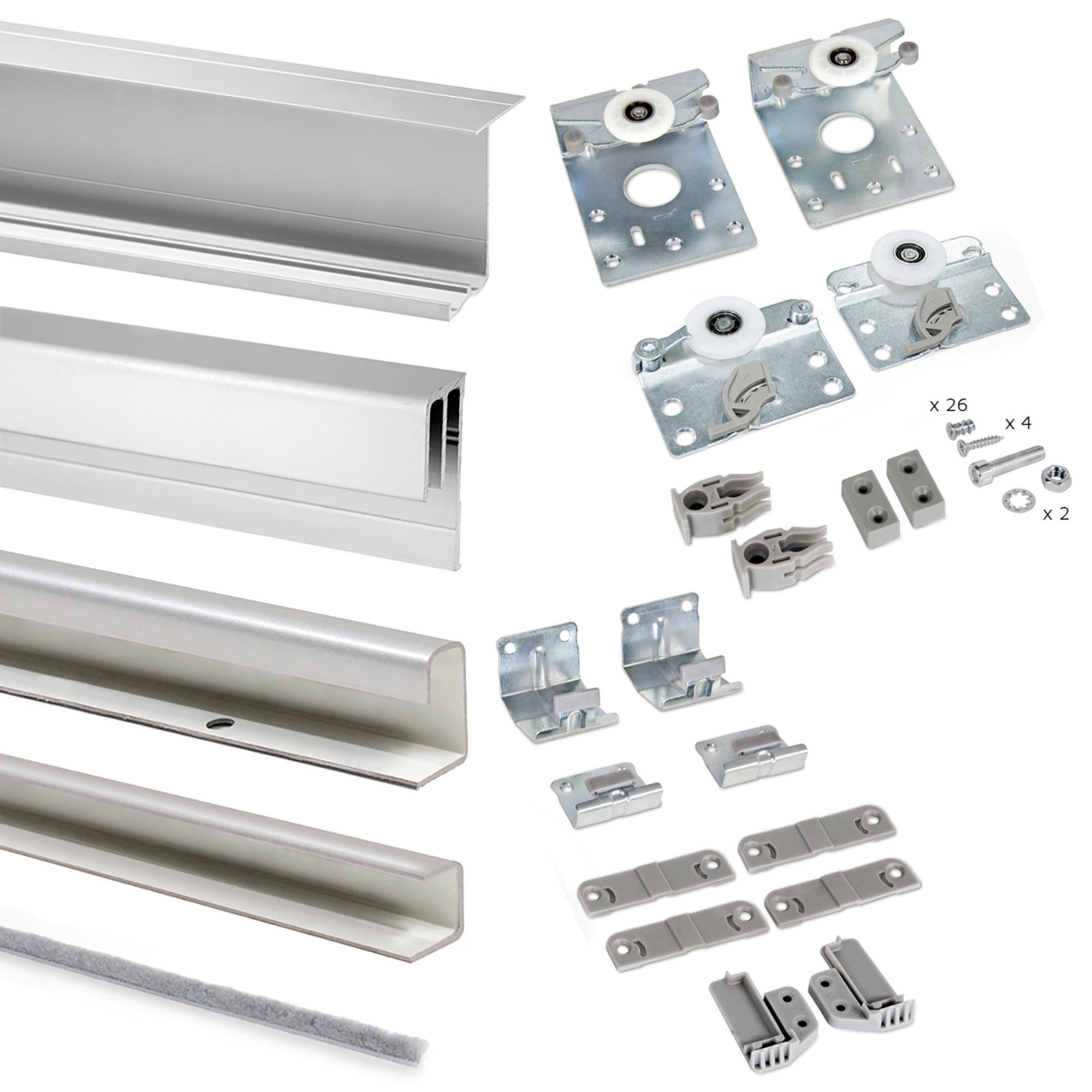 NECO 2 SCHIEBETÜR-SET zum sanften Schließen von Schränken, Stärke 16 mm, ohne Paneele, Metallic Grau - Multicolor, Metall (1.5/5/230cm) - EMUCA