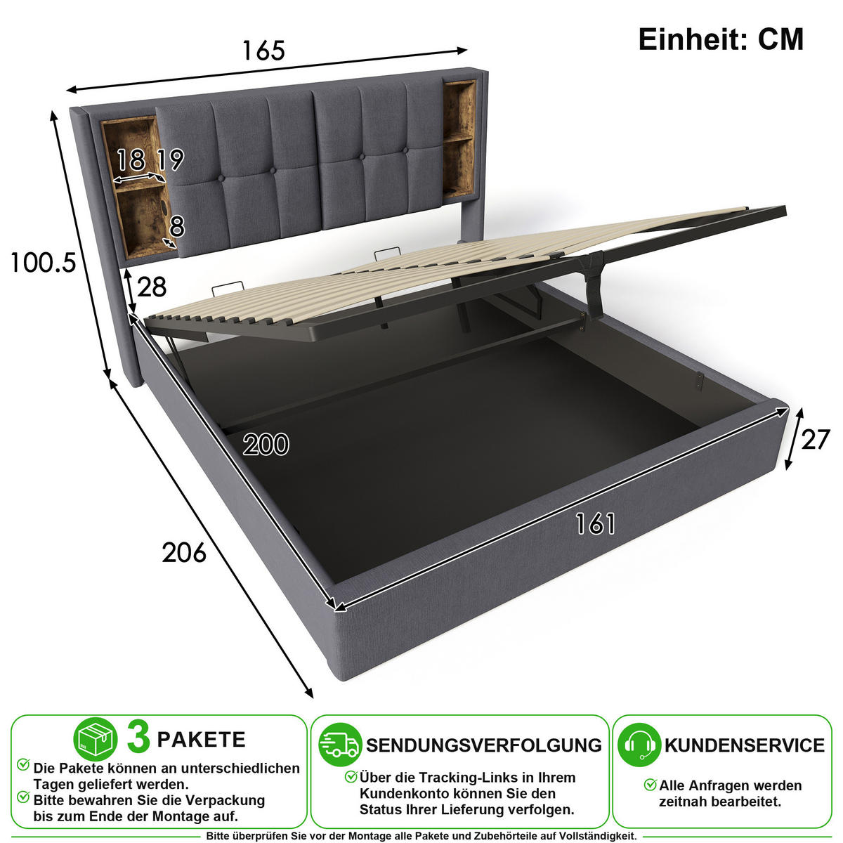 POLSTERBETT 160/200 cm in Grau mit Bettkasten, Kabellosem Laden, USB und Matratze - Grau, Holzwerkstoff/Textil (160/200cm) - CHICFURN