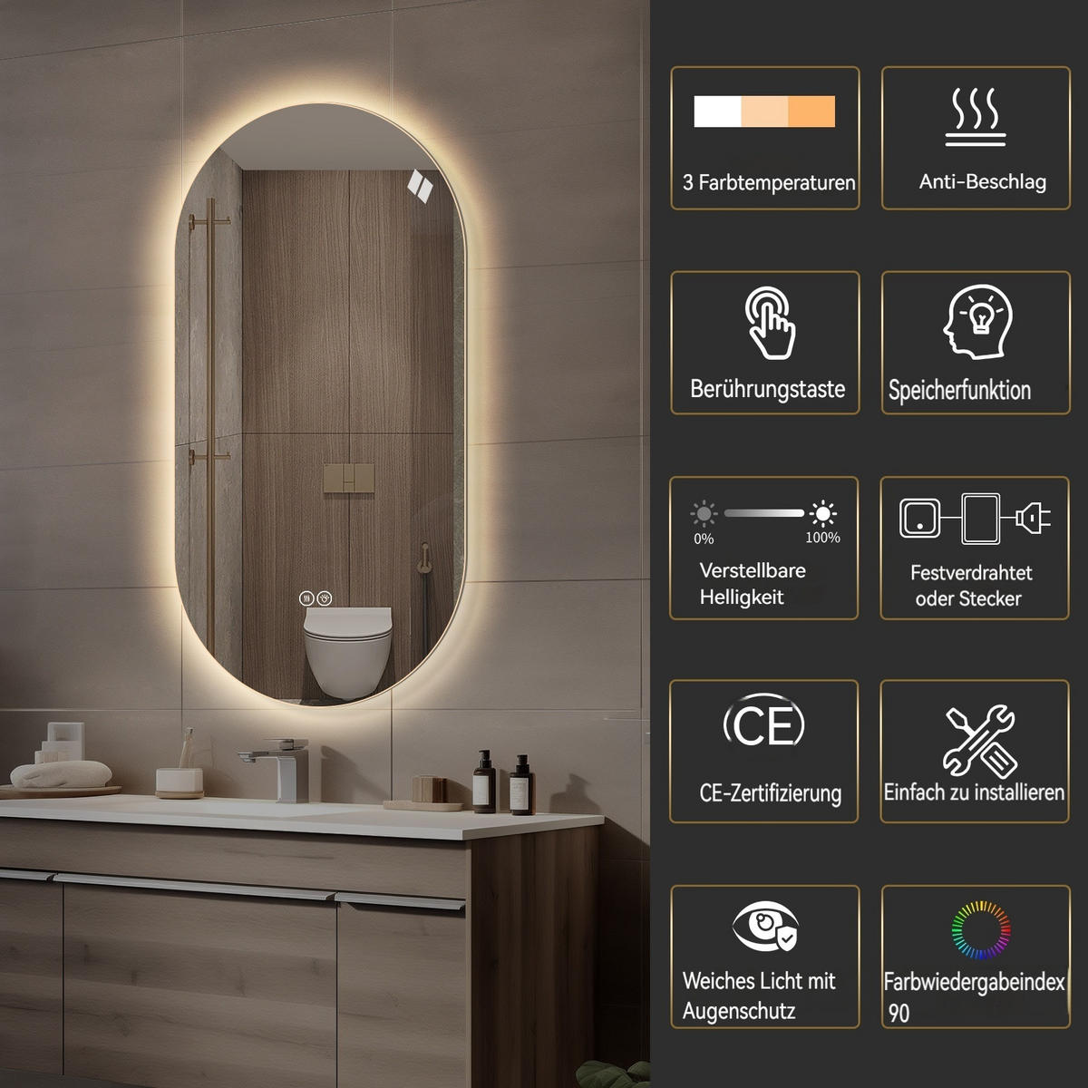 LED Badezimmerspiegel 60x120x3cm,Silber mit 3 Lichtfarben, Entspiegelung & zwei Anschlussarten - Silberfarben, Glas (3/120/60cm) - Modfu