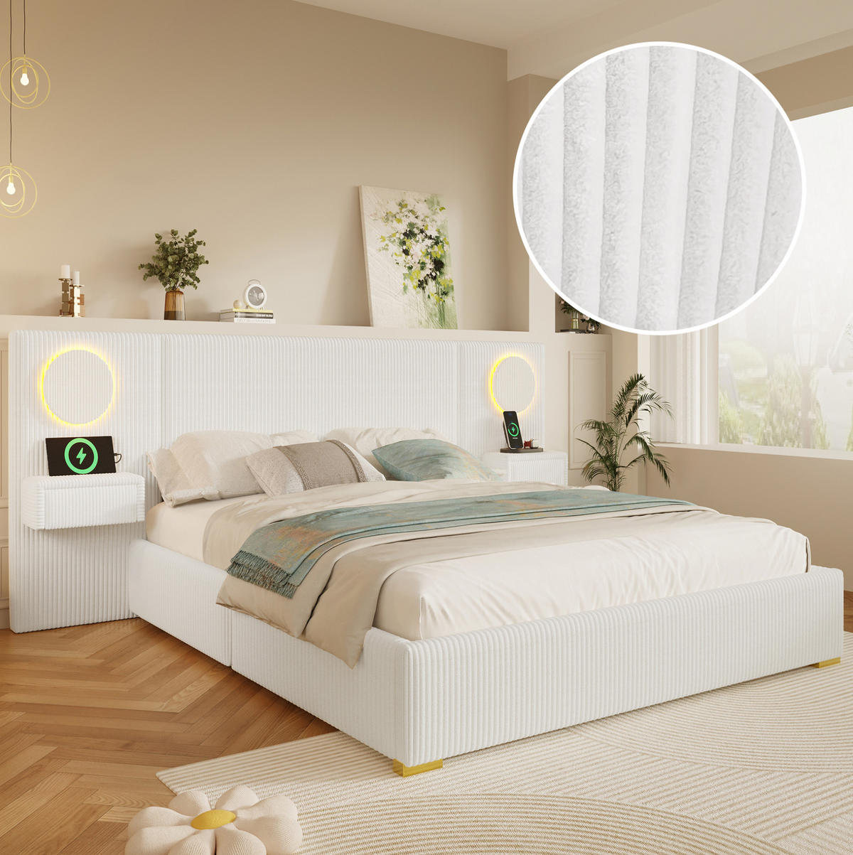 POLSTERBETT 180/200 cm in Beige aus Samt mit LED-Beleuchtung und USB-Anschlüssen - Beige, Textil (180/200cm) - Flora Grace