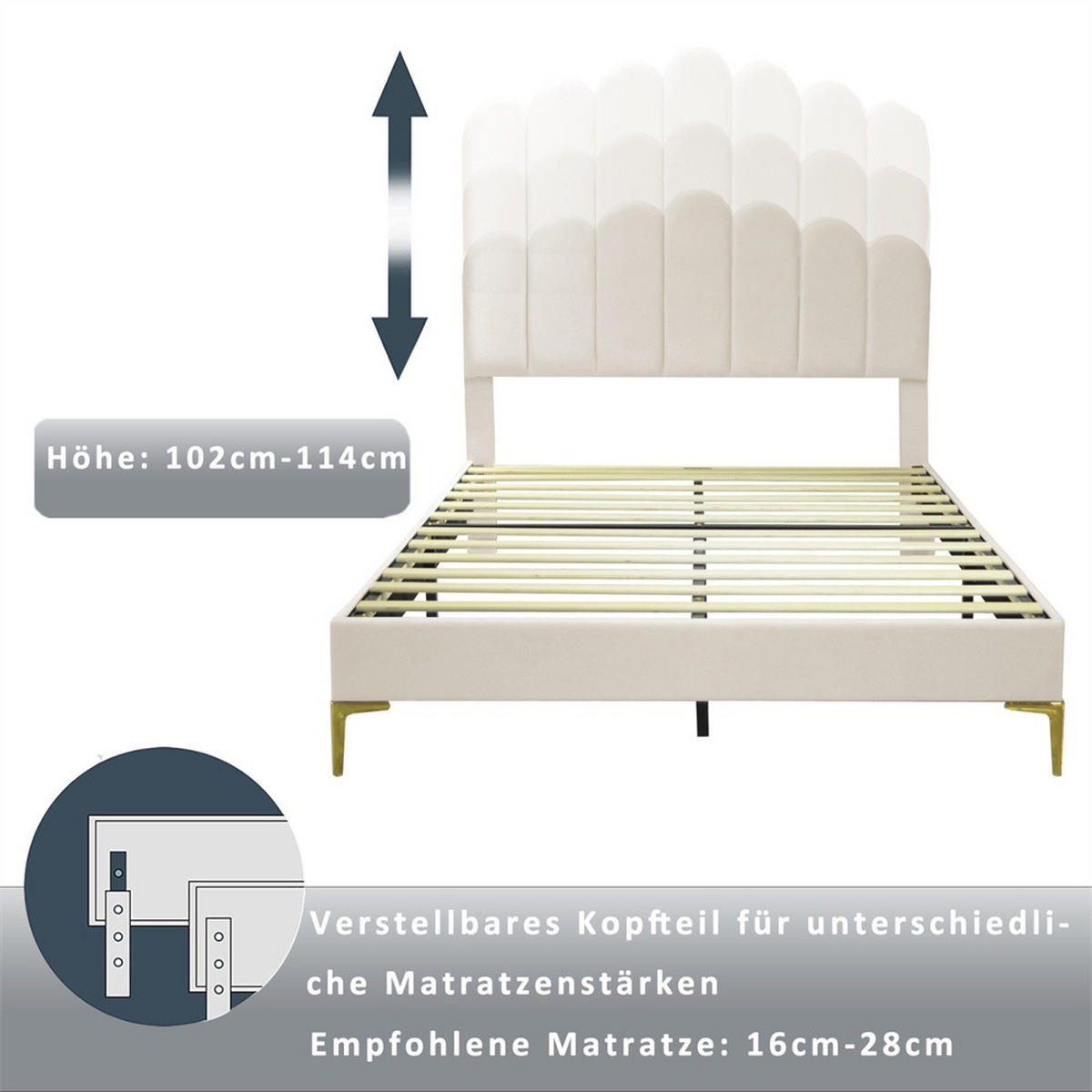 POLSTERBETT 140x200 cm mit höhenverstellbarem Kopfteil - Elegantes geometrisches Design - ohne Matratze - Beige - Beige, Textil (140/200cm) - DELFA