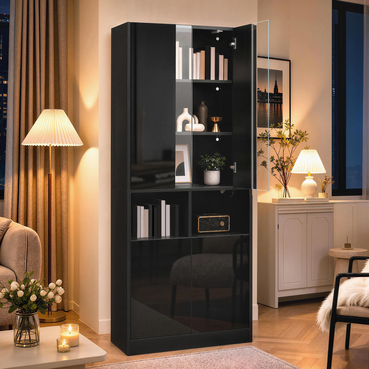HOCHSCHRANK mit Acrylglas, LED und 2 Türen - Schwarz, Holzwerkstoff (70/180/35cm) - FLIEKS