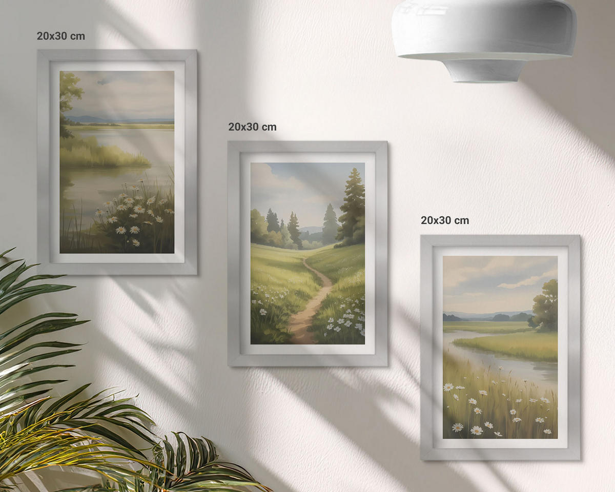BILDER SET 3er Set - 20x30 cm Silberner Rahmen - Frühlingslandschaft Flusswiese - Silberfarben, Kunststoff (20/30cm) - TULUP