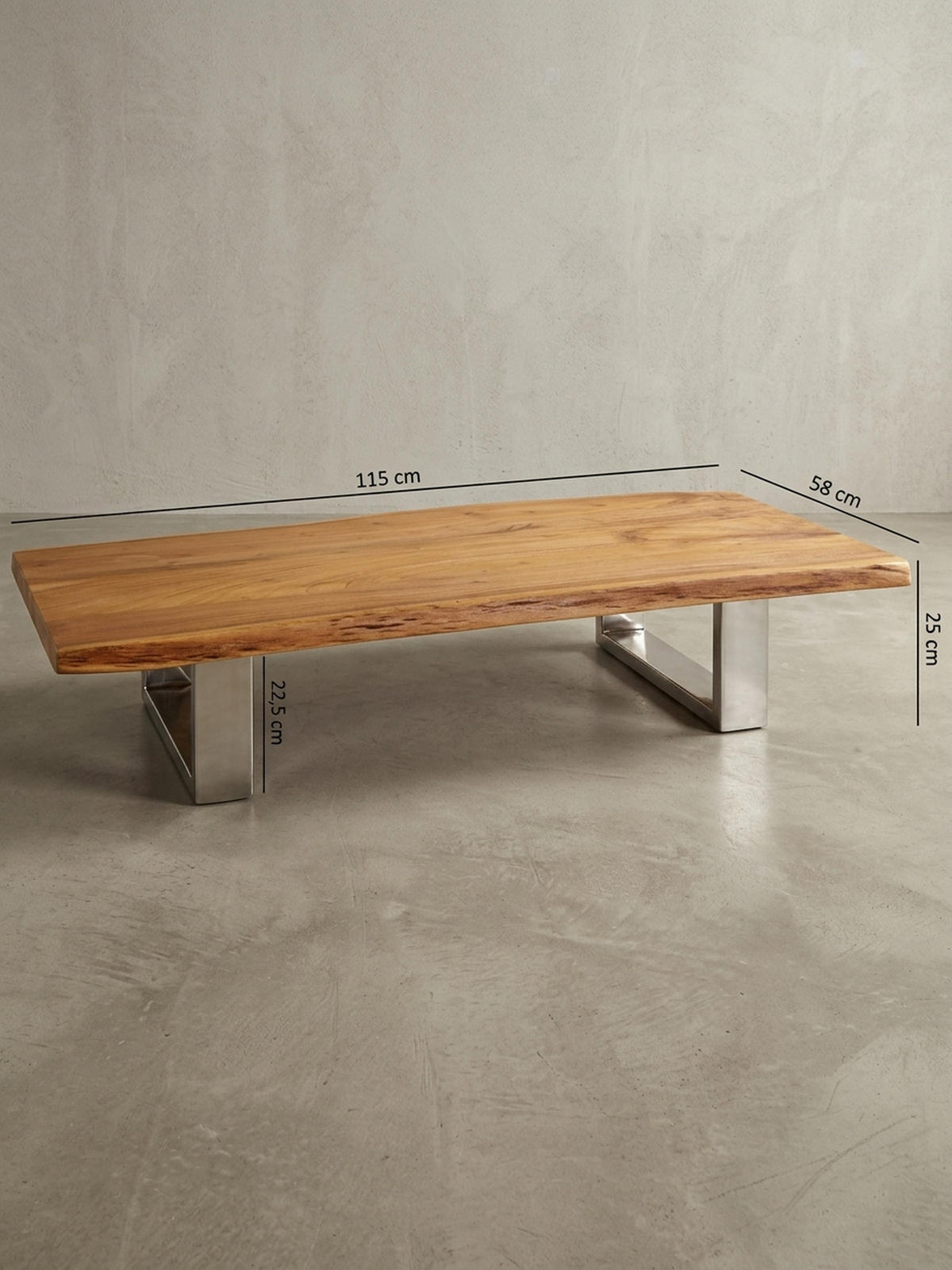 COUCHTISCH Akazienholz Massiv, Baumkanten Design, Landhausstil, Metallbeine Stabil - Beige/Silberfarben, Holz/Metall (58/115/25cm) - KADIMA DESIGN